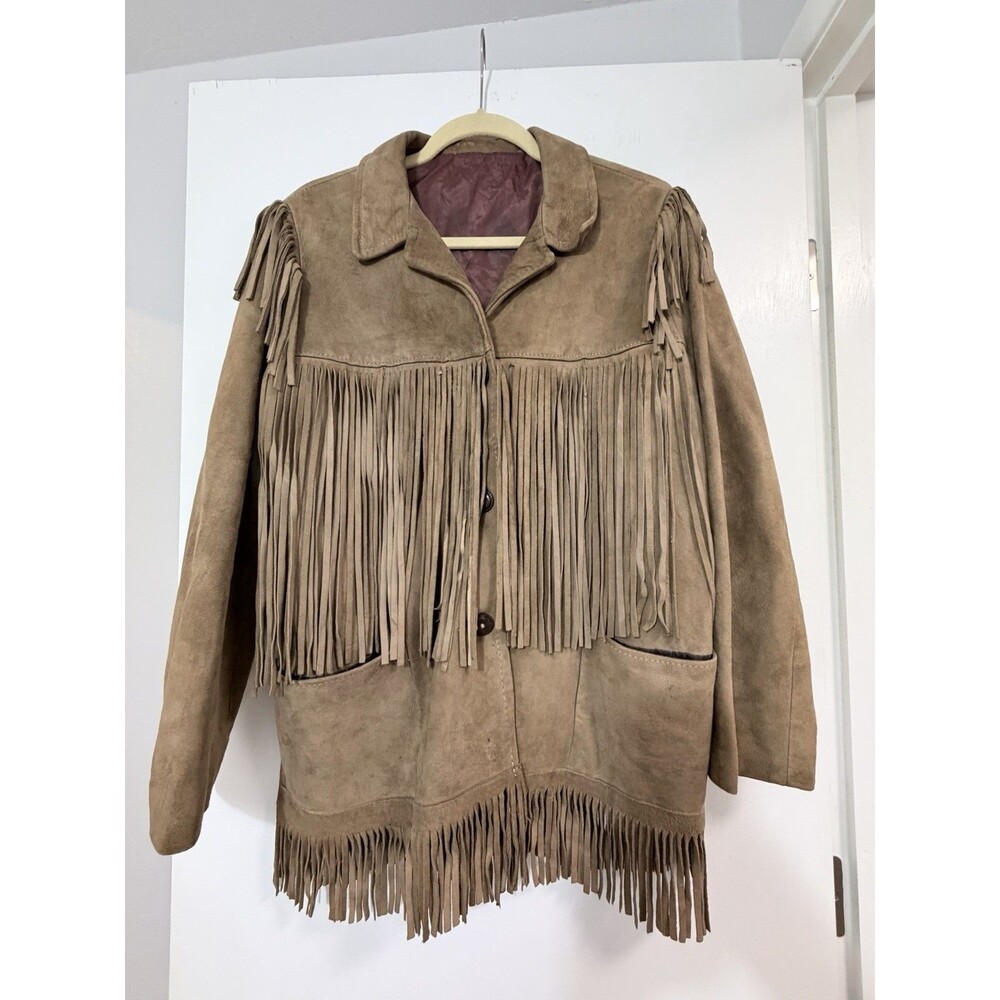 Vintage Suede Fringe Jacket Western Boho Tan Camel Leather Festival Women's M